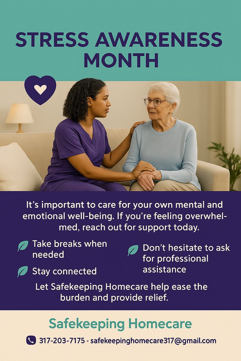 safekeeping317's tweet photo. April is Stress Awareness Month

At Safekeeping Homecare, we understand that caring for a loved one can be both rewarding and overwhelming. Stress can quietly build up for caregivers and families—especially when juggling daily responsibilities and emotional demands. https://t.co/h3c6L5FCyw