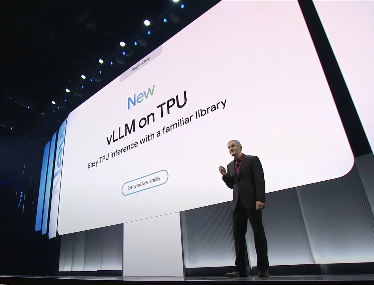 _miladm_'s tweet image. 🚀 PyTorch TPU proud moment: vLLM TPU 🚀

At Google Cloud Next &apos;25 keynote, Amin Vahdat announced vLLM on TPU.

This is a HUGE breakthrough moment for TPU adoption! 🔥

Thank you @woosuk_k for your awesome contribution and collaboration.