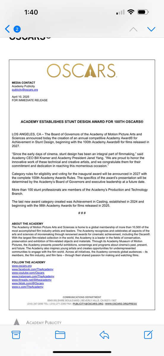 It’s official: Stunt performers are getting their own Oscar, starting with 2028 show. Very hard faught win for stunt community and will add more blockbusters to the telecast…