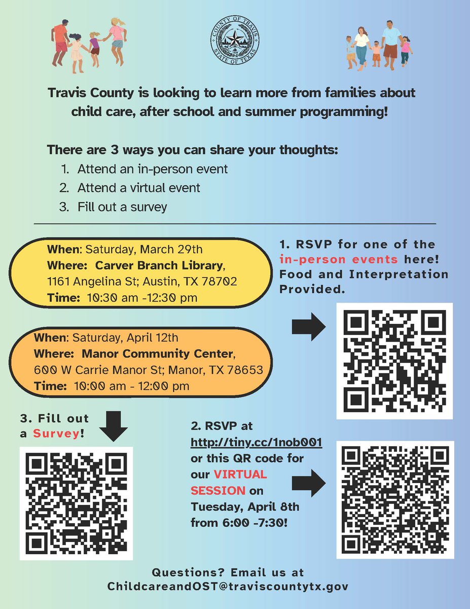 Brigid Shea (@commishshea) on Twitter photo 🗣 <a href="/TravisCountyHHS/">Travis County Health and Human Services</a> needs community input to inform the design and implementation of the new Voter Approved Child Care and Out of School Time Fund. This is an incredible opportunity to serve children and youth in our community!
📢Below are some ways to provide input regarding 🗣 <a href="/TravisCountyHHS/">Travis County Health and Human Services</a> needs community input to inform the design and implementation of the new Voter Approved Child Care and Out of School Time Fund. This is an incredible opportunity to serve children and youth in our community!
📢Below are some ways to provide input regarding