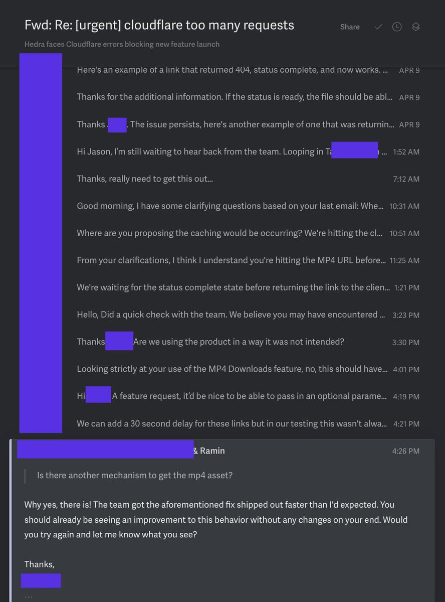 The <a href="/Cloudflare/">Cloudflare</a> eng team is so cracked. We reported a bug in the streams API and got a 1 day turnaround on the fix going out to prod.

gg <a href="/eastdakota/">Matthew Prince 🌥</a> 🫡
