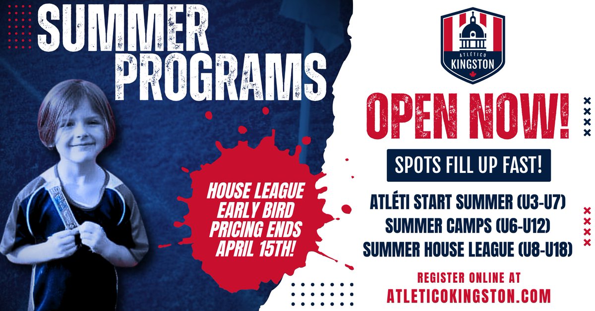 ⚽🔥 Join Atlético Kingston's Summer Programs! Spots are filling up fast—secure yours today!🔥⚽

🌞⚽ HOUSE LEAGUE EARLY BIRD ENDS Next Week April 15th! Sign up now and save! 🏆

atleticokingston.com/house-league/