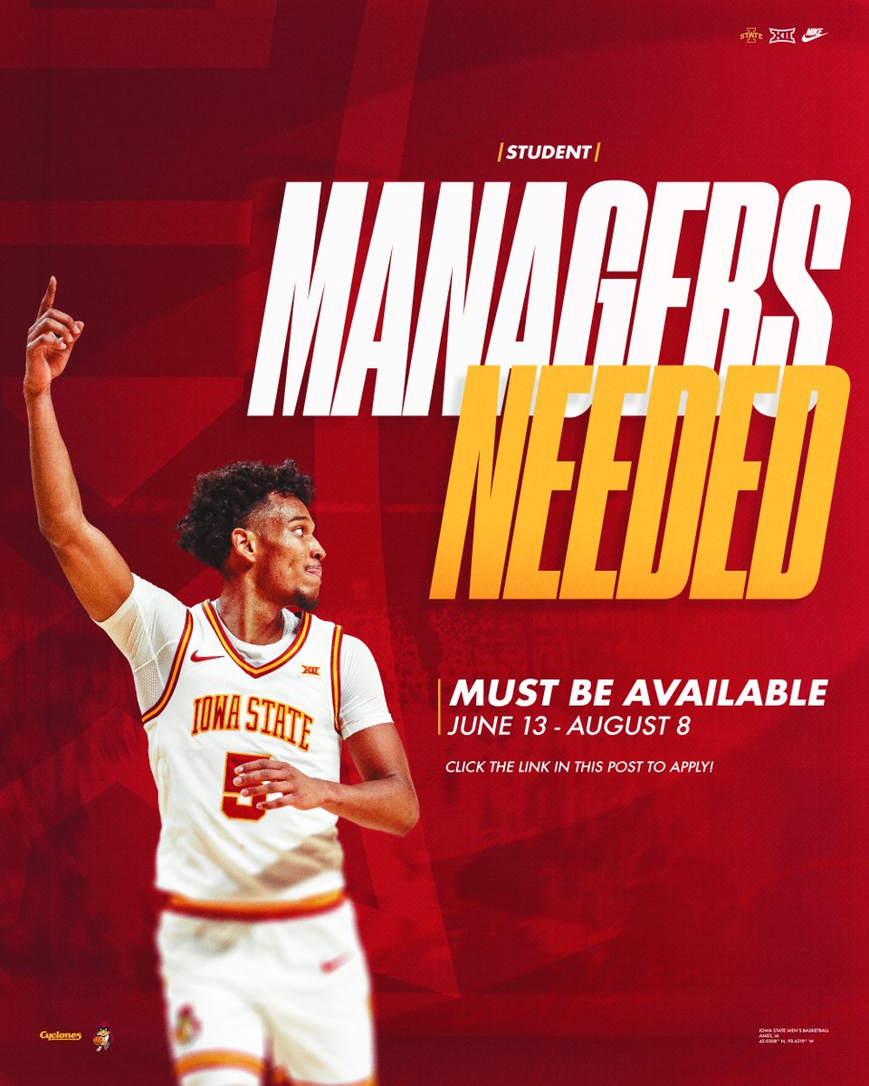We've got an Elite Set of Managers. 

Join them! ⤵️

🔗: forms.gle/r8yUZNYQroBJez…

#Cyclones | #C5C | <a href="/isumbbmanagers/">#5 IOWA STATE MBB MANAGERS</a>