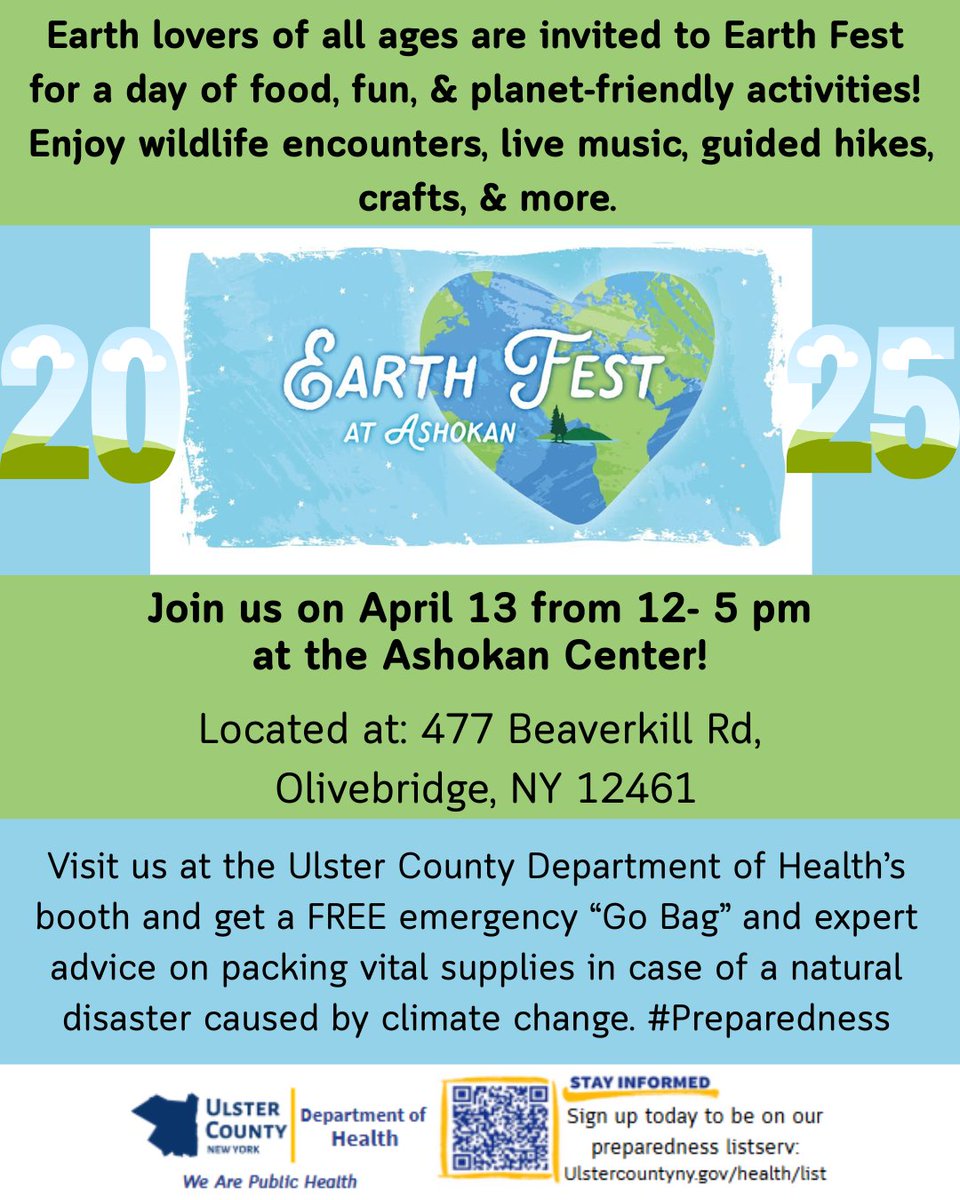 UCDeptHealth's tweet photo. 🌎Visit us at Earth Fest 2025 at the Ashokan Center this Sunday, April 13, between 12-5 pm, &amp; get a FREE emergency “Go Bag” and expert advice on packing vital supplies in case of a natural disaster caused by climate change. ➡️https://t.co/IilWampRdQ #climatehealth #GoBag #Prepare https://t.co/MykD972Rvy