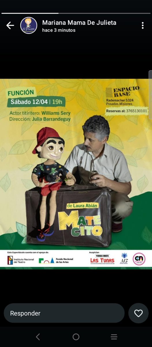 ¿Matecito? 🎭 Te esperamos este sábado 12 de abril a las 19hs para compartir teatro, títere y narración en Espacio Base  (Rademacher 5324). Posadas, Misiones. 🧉 Reservá tu lugar al +54 9 376-5130101
👏
<a href="/inteatro_ar/">Instituto Nacional del Teatro</a>
<a href="/FnaArgentina/">Fondo Nacional de las Artes</a>