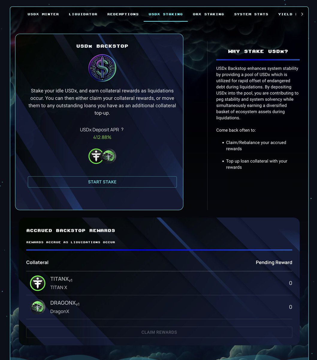 MacKenzie (@macdotkenzie) on Twitter photo 7.69% of $TITANX and 8.48% of #DRAGONX are locked as collateral on the <a href="/Ouroboros_ORX/">Ouroboros_Protocol</a> protocol and this is just the beginning!
$USDX stakers on the other hand are earning around ~400% while supporting the ecosystem. Their funds are used to rapidly offset endangered debt during 7.69% of $TITANX and 8.48% of #DRAGONX are locked as collateral on the <a href="/Ouroboros_ORX/">Ouroboros_Protocol</a> protocol and this is just the beginning!
$USDX stakers on the other hand are earning around ~400% while supporting the ecosystem. Their funds are used to rapidly offset endangered debt during