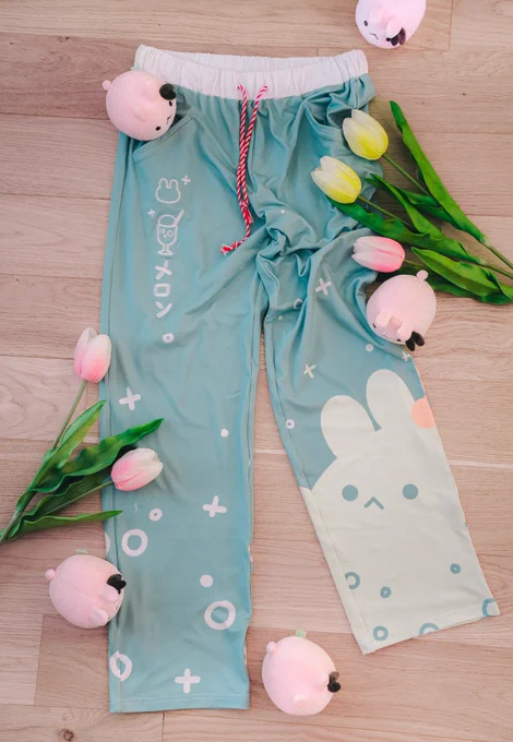 [store update] new Melon Fizz Bunjama Pants- pockets for hiding your snacks or hands in- swirly drawstring that resembles a classic melon soda straw- soft peach fuzz-y fabric- elastic waistband- embroidered pocket details, printed main designRT's appreciated ; v; 