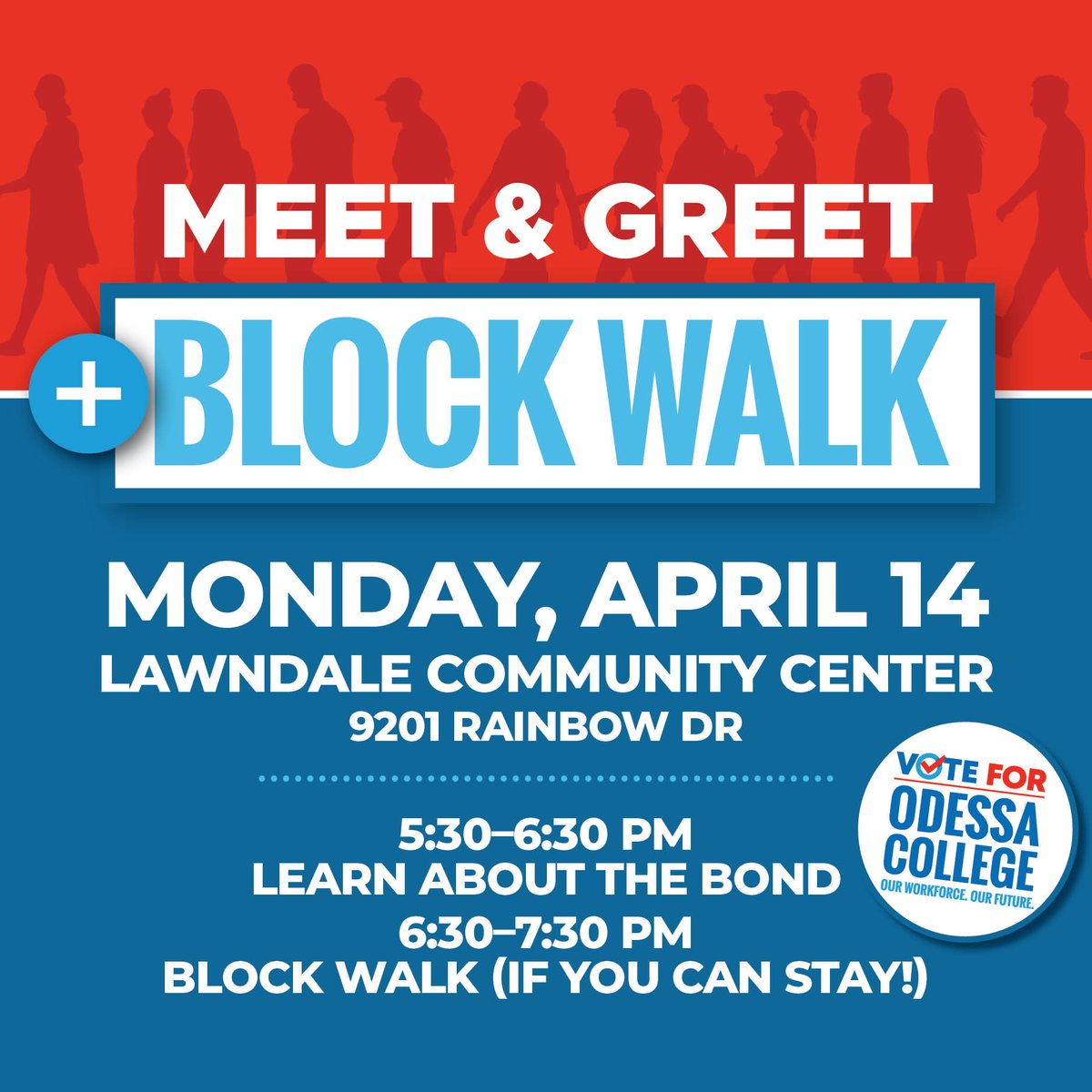 Vote4OC's tweet photo. Join us for the Meet &amp; Greet + Block Walk to support the Odessa College bond!

Lawndale Community Center
Monday, April 14
5:30 PM – Learn about the bond
6:30 PM – Block walk

OC needs more space. Let’s grow our own.
#VoteForOdessaCollege #GrowOurOwn https://t.co/tfeD2CERbh
