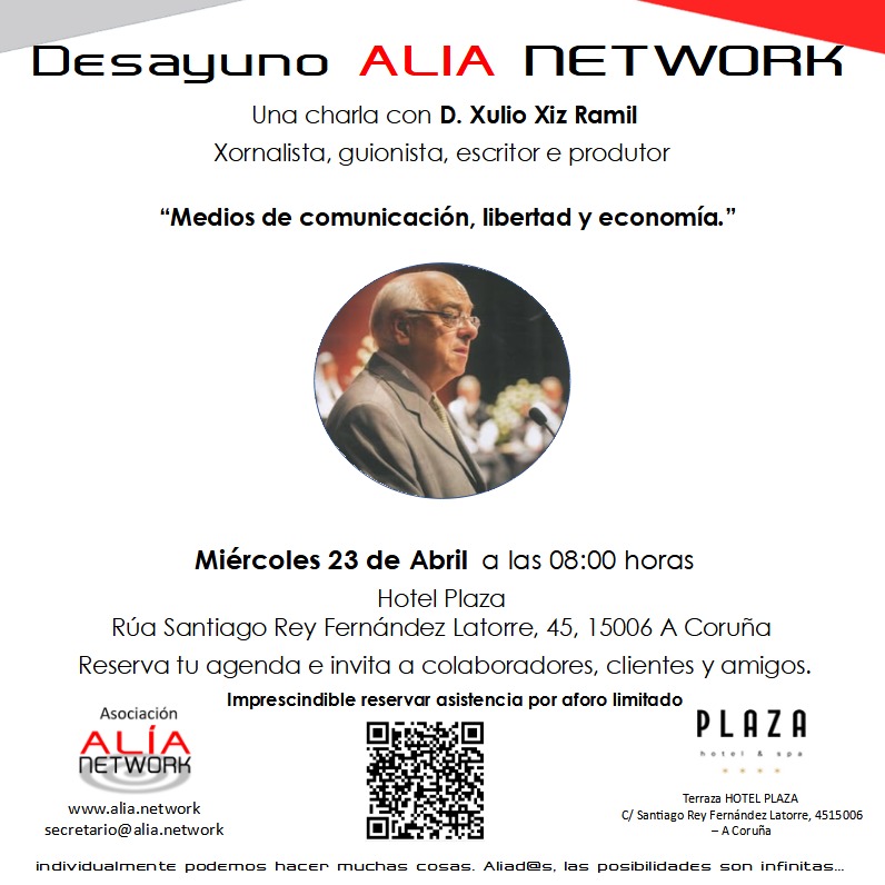 AliaNetwork's tweet photo. 🥐☕ Desayuno Profesional con Xulio Xiz Ramil ✔Organiza: Asociación Alía Network
 📅 Cuándo: Miércoles, 23 de mayo
 🕗 Hora: 08:00 h
 📍 Dónde: Hotel Plaza, A Coruña
 ✅Actividad con inscripción previa.
 🔗Inscripciones: https://t.co/znkLuAq2Iu 
📲 ¡Reserva ya tu plaza https://t.co/FcdPLbqwzc