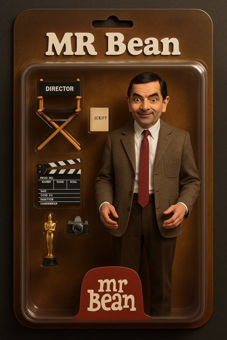 A custom toy action figure in plastic and cardboard packaging, labeled 'MR bean '. The figure must exactly resemble the uploaded one with the same facial features and hairstyle. The packaging includes miniature accessories and symbols reflecting his acting career: a miniature director’s chair, a film clapperboard, an award trophy, a script booklet, and a vintage camera. The style is realistic and detailed, with studio-quality lighting and a warm, cinematic background.