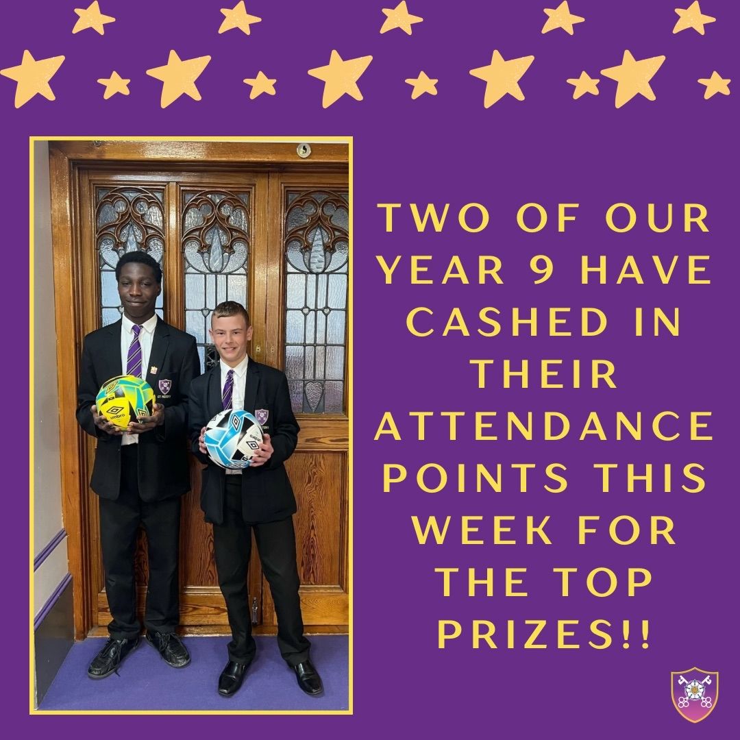 StPetersCC's tweet image. Well done to Kelvin and Freddie who have saved up their attendance points to cash in for the top prizes in the Attendance Shop!! ⚽️💜 #awesomeattendance #onefaith #onefamily #onefuture