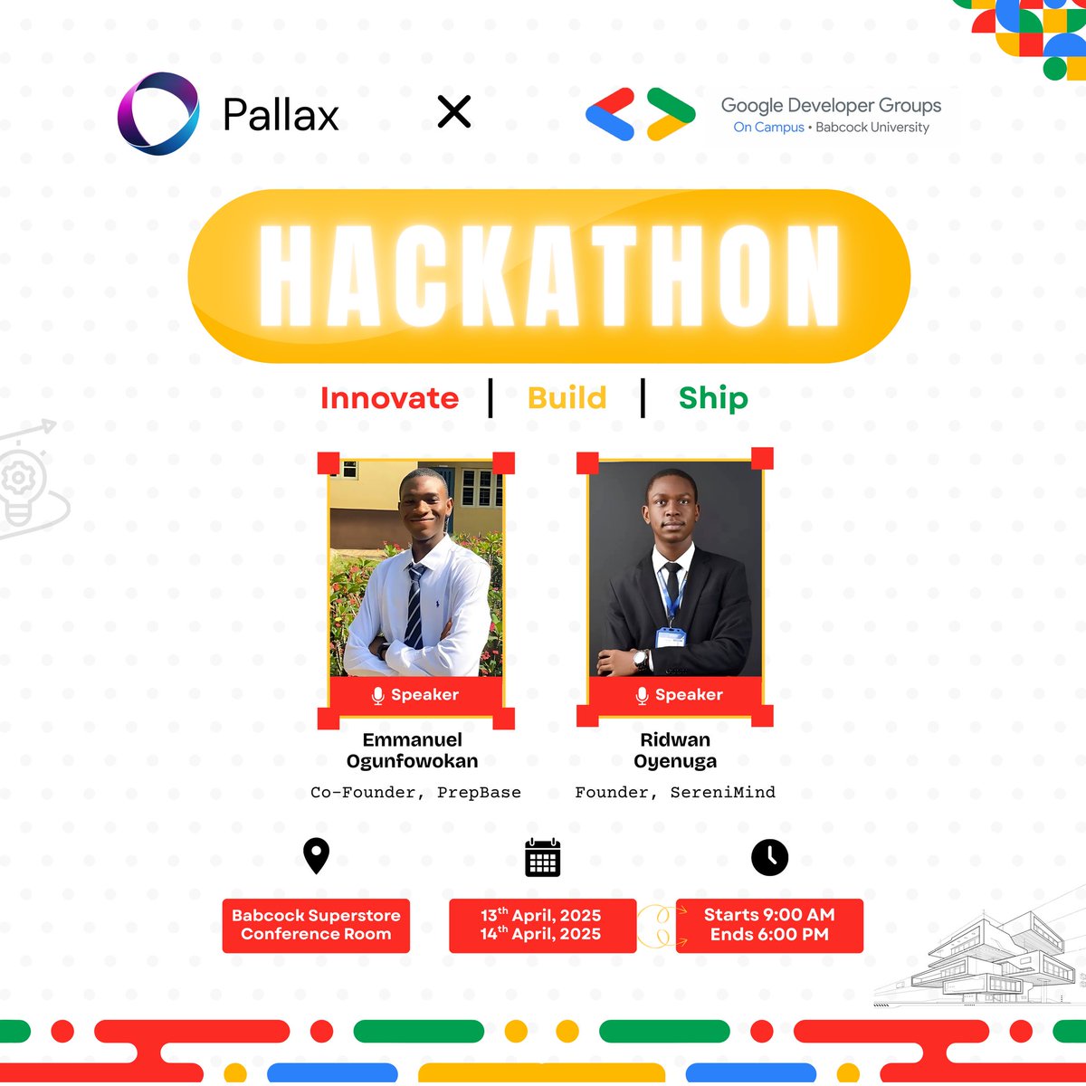 GDGBabcock's tweet photo. Join Pallax and Google Developer Groups Babcock University for an electrifying Hackathon experience!🚀

Featuring dynamic speakers Emmanuel Ogunfowokan (Co-Founder, PrepBase) and Ridwan Oyenuga (Founder, SereniMind).

Interested? Register here: https://t.co/RZwyej2FQl https://t.co/2Vkx7yzfQj