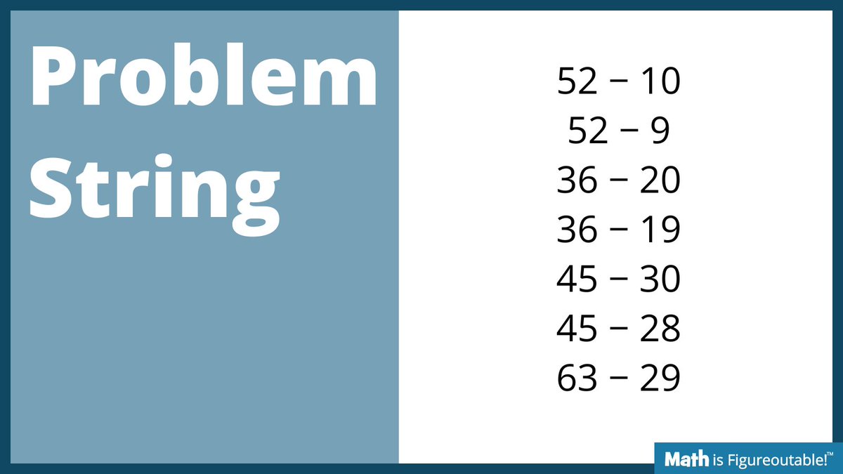pwharris's tweet image. #TryThisThursday
A #ProblemString building intuition to naturally lead to reasoning about subtraction and place value!

Coolest routine out there!

-Give one at a time
-Ask about thinking
-Make thinking visible
-Repeat
-Compare!

#MathIsFigureOutAble #MTBoS #ITeachMath #MathEd