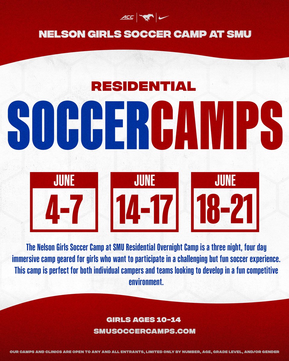 Nelson Girls Soccer Camps at SMU are right around the corner! 

Find the camp for you and Register Today! 

tinyurl.com/22tqu5pa