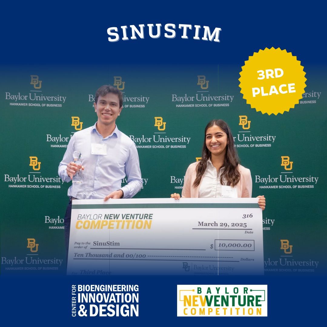 Congrats to SinuStim, co-founded by Oriol Cuxart Pérez &amp; Sandhya Tiku (CBID ’24), for placing 3rd at the 2025 Baylor New Venture Competition! Their tech targets chronic sinus inflammation with neuro-modulation.

#CBID #MedTech #Entrepreneurship