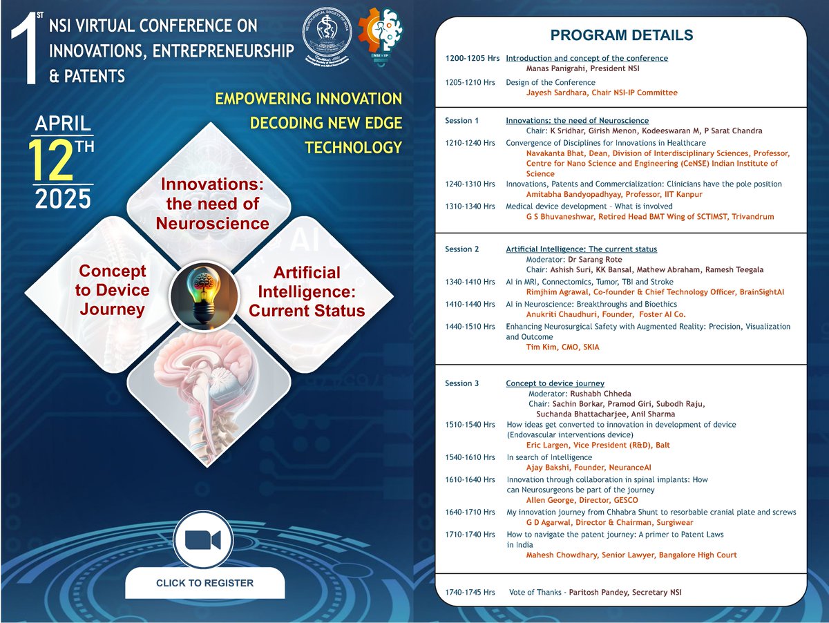 CNS (@cns_update) on Twitter photo Join <a href="/NSI_India/">Neurological Society of India (NSI)</a> for a free virtual conference on innovation, entrepreneurship, and patents on April 12. The conference will include discussions on AI, patents, device development, and entrepreneurship. Register today: bit.ly/3RbCoZu Join <a href="/NSI_India/">Neurological Society of India (NSI)</a> for a free virtual conference on innovation, entrepreneurship, and patents on April 12. The conference will include discussions on AI, patents, device development, and entrepreneurship. Register today: bit.ly/3RbCoZu