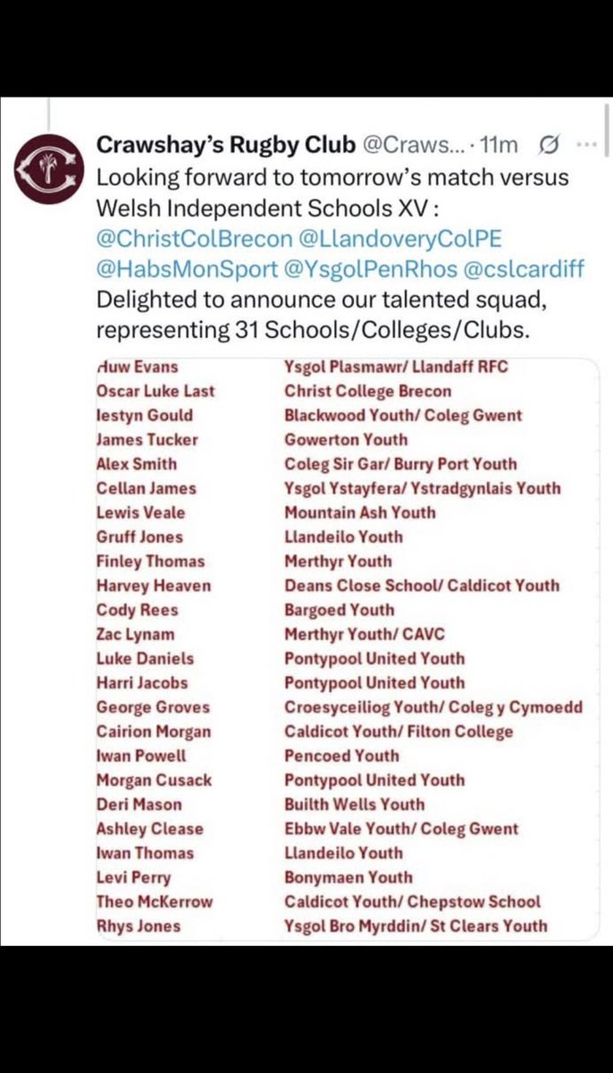 stclears_YOUTH's tweet photo. Congratulations to our Youth player Rhys Jones on being invited to represent Crawshays Rugby in their game against Independent Welsh Schools on Wednesday 9/4/25 at Christ College Brecon.
Well done Rhys. 🔵🐗👏👏 https://t.co/bcTrH0P0VI