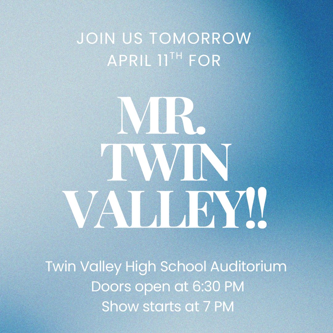 Come out TOMORROW to support the Mr. Twin Valley contestants and enjoy an entertaining show! There will be concessions available for purchase as well. 

If you didn’t get your ticket yet, no problem! You are able to purchase your ticket at the door.

We can’t wait!!