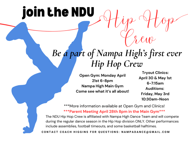 Is your student interested in joining Nampa Dance Unleashed?
Open Gyms start Monday April 21st from 6 to 8pm.  Tryouts on April 30th and May 1st from 6 to 7:15am.
More information please contact Coach Higgins at Nampadance@gmail.com
