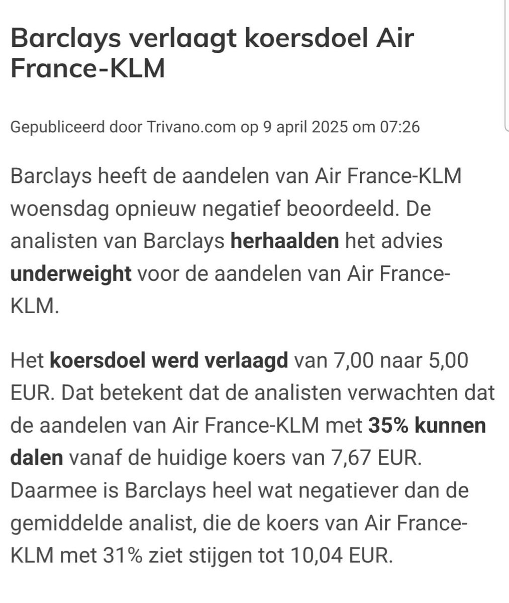 JacquelineAvun's tweet photo. ‘Barclays verlaagt koersdoel Air France-KLM’
 
#klm #airfrance #afklm #schiphol #underweight #midkap #amx 
👇 https://t.co/3AtP0vjeQy