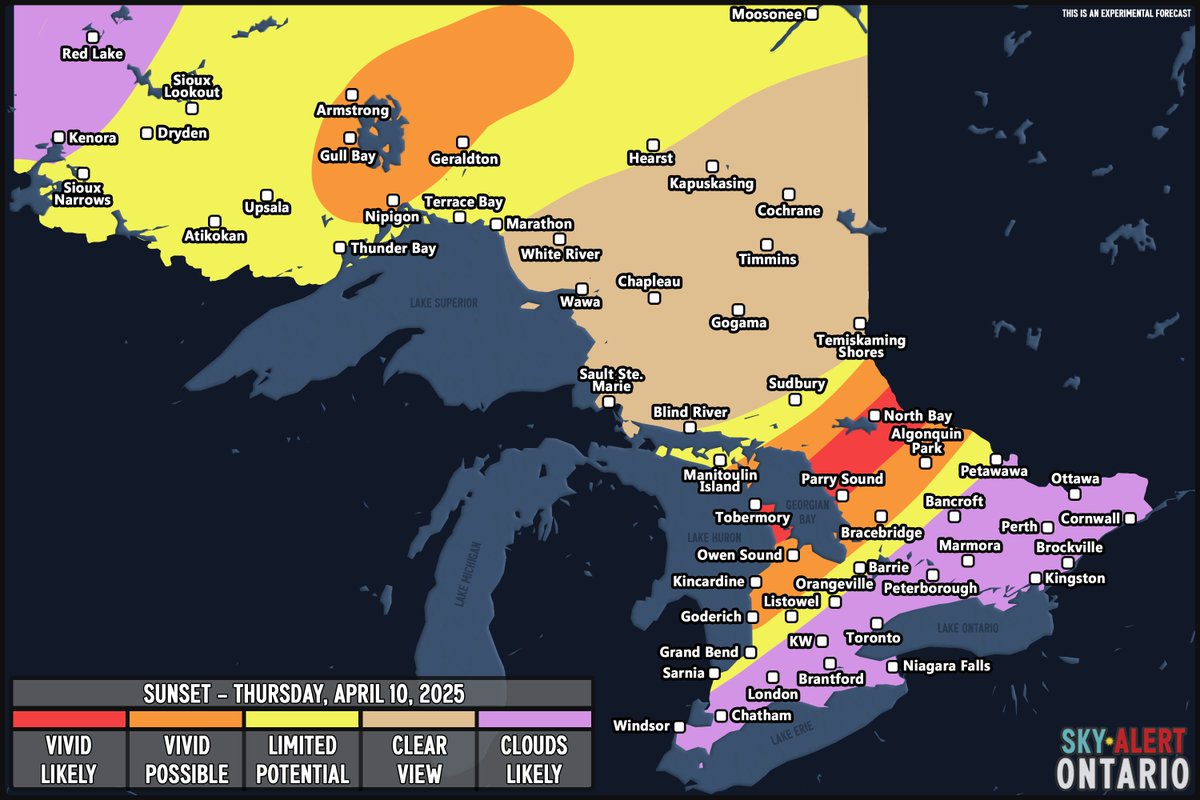 SkyAlertOntario's tweet photo. SUNSET FORECAST | April 10, 2025

This forecast is designed for photographers. Follow Sky Alert Ontario on Facebook for detailed forecasts! 

#sunriseforecast #sunsetforecast #skywacther #sunriselovers #sunsetlovers #landscapephotography #ontariophotography #weatherforecast https://t.co/auJtlx4fCG