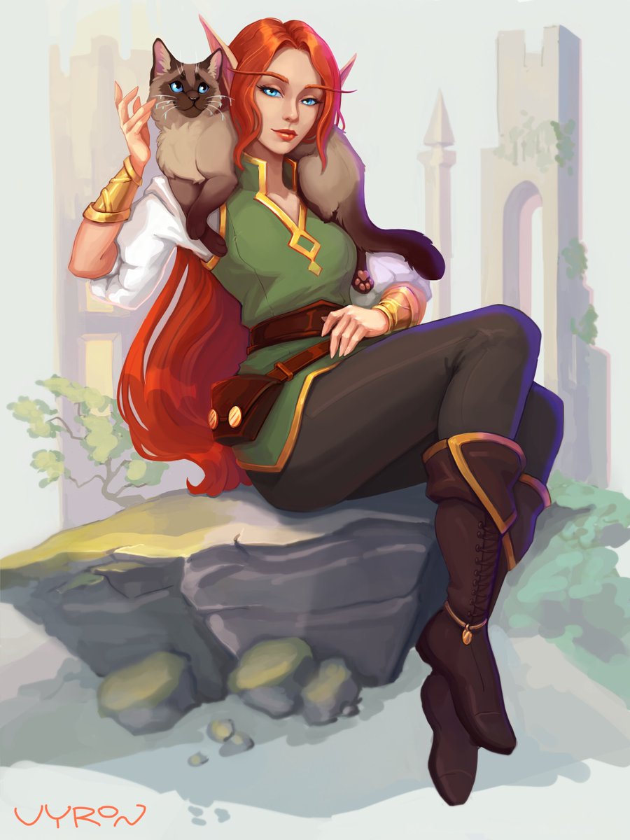 vyron_sfw's tweet image. Let’s start filling this page with some older pieces!
Here are warcraft elf ladies with their fluffy cat companions 🥰🐾