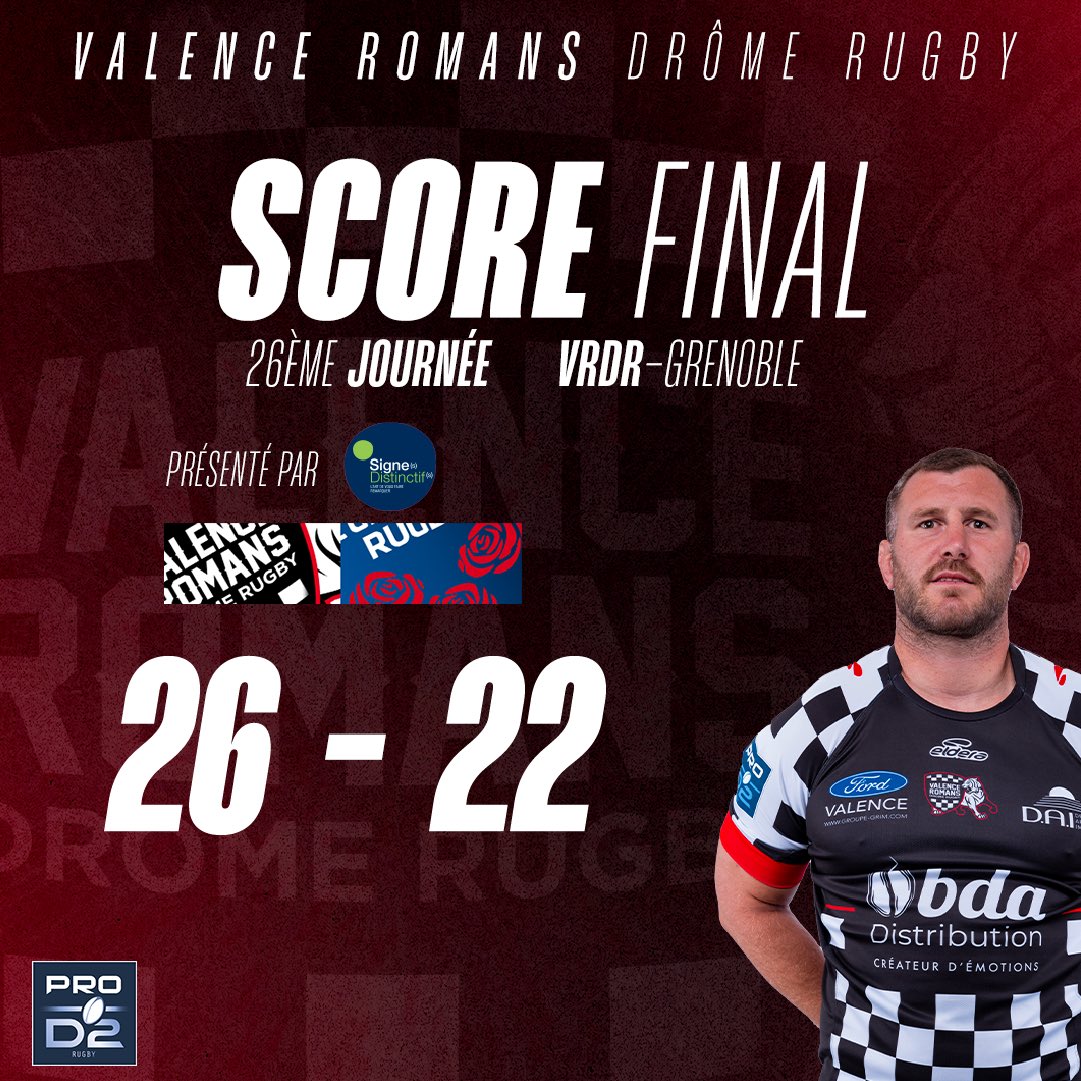 VRDRrugby's tweet photo. [𝐅𝐈𝐍 𝐃𝐄 𝐌𝐀𝐓𝐂𝐇 présenté par Signes Distinctifs : 𝚅𝚁𝙳𝚁 ⚡ FC Grenoble Rugby]

🔥 𝐋𝐄 𝐃𝐄𝐑𝐁𝐘 𝐄𝐒𝐓 𝐃𝐀𝐌𝐈𝐄𝐑 !!

Les Damiers s’imposent sur la sirène dans ce match sous haute tension face à Grenoble sur le score de 26 à 22 !

#VRDRFCG #ALLEZDAMIERS #TEAMVRDR https://t.co/BSADA9uF7M