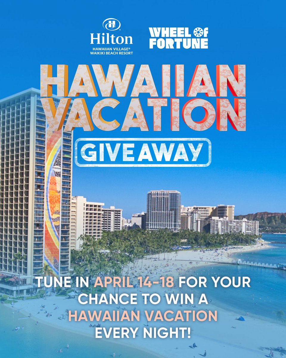 Wheel of Fortune (@wheeloffortune) on Twitter photo Can't stop, won't stop with our giveaways! If you're dreaming of island time, you're gonna want to tune in all next week for your chance to win, every. single. night. 🏝️ 😎 <a href="/HawaiianVillage/">Hilton Hawaiian</a> Can't stop, won't stop with our giveaways! If you're dreaming of island time, you're gonna want to tune in all next week for your chance to win, every. single. night. 🏝️ 😎 <a href="/HawaiianVillage/">Hilton Hawaiian</a>