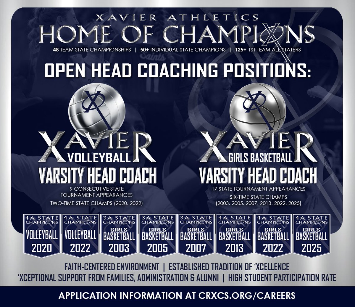 We are currently searching for two 'Xceptional individuals to lead our championship-caliber volleyball and girls basketball programs! Application link and information can be found at crxcs.org/employment.
GO SAINTS!
#WeAreXavier #BeXceptional
