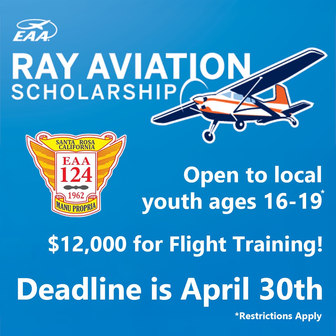Sonoma County Airport's own EAA Chapter 124 is offering (through the Ray Scholarship program) a student pilot significant funding towards their training.

Restrictions apply.

For more information, contact EAA 124 Scholarship Coordinator Paul Hollingworth at paul@indiesemi.com