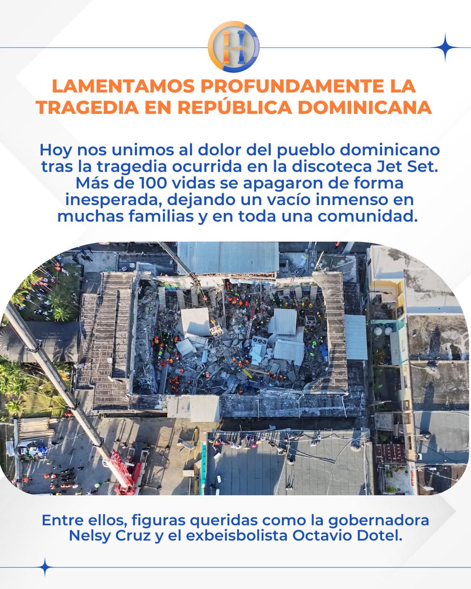 🖤 Hoy nos unimos al dolor del pueblo dominicano tras la tragedia ocurrida en la discoteca Jet Set.

Más de 100 vidas se apagaron de forma inesperada, dejando un vacío inmenso en muchas familias y en toda una comunidad. 

#LutoNacional #RepúblicaDominicana #TragediaJetSet