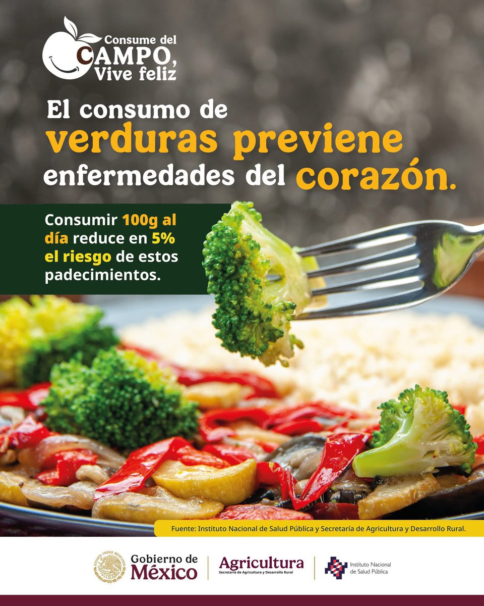 inspmx's tweet photo. Consumir 100 gramos de verduras al día reduce en 5% el riesgo de enfermedades cardiovasculares. ✅

Consume brócoli, calabacita, coliflor y otras verduras cultivadas 100% por manos mexicanas. 🥦

¡Lo hecho en México está bien hecho! #ConsumeDelCampoViveFeliz https://t.co/DojQggqQOt