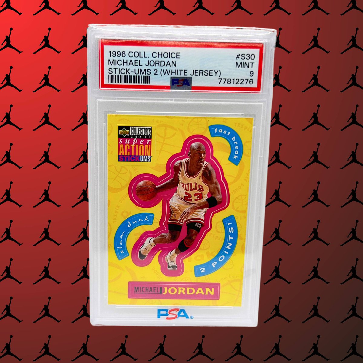 1996 Collector’s Choice Super Action Stick-Ums — MJ (White Jersey) | PSA 9 🔥

One of the wildest ‘90s inserts. Die-cut, sticker-style, and pure nostalgia.
Tough to grade — most didn’t survive unpeeled.

Staying in the PC.

#JordanPC #TheHobby #MJ23 #90sInserts #PSA9