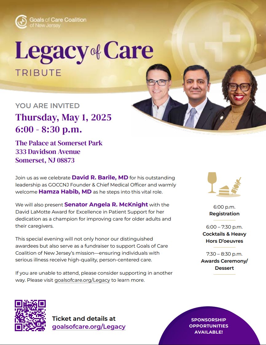Goals of Care Coalition of New Jersey (@goalsofcare) on Twitter photo Tickets are selling fast--buy yours today! #GOCCNJ will be celebrating <a href="/BarileMd/">David R. Barile, MD</a>, <a href="/M_HamzaHabibMD/">M. Hamza Habib, MD, JD, MBA</a> & <a href="/SenatorMcKnight/">Senator Angela V. McKnight</a> for improving care for older adults in NJ. Join us on May 1st @ 6 pm. To purchase tickets, sponsor the event or place an ad visit: goalsofcare.org/legacy/ Tickets are selling fast--buy yours today! #GOCCNJ will be celebrating <a href="/BarileMd/">David R. Barile, MD</a>, <a href="/M_HamzaHabibMD/">M. Hamza Habib, MD, JD, MBA</a> & <a href="/SenatorMcKnight/">Senator Angela V. McKnight</a> for improving care for older adults in NJ. Join us on May 1st @ 6 pm. To purchase tickets, sponsor the event or place an ad visit: goalsofcare.org/legacy/