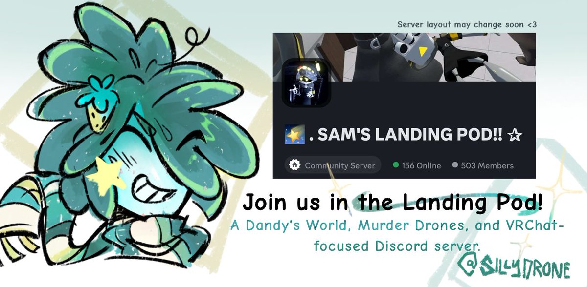 sillydrone's tweet image. it&apos;s actually been so long since I promoted my server that the old link expired. so here we go again!
#mdtwt #dwtwt #murderdrones #dandysworld

Here&apos;s why you should join The Landing Pod!!! especially you, moots. yeah. you.
(🧵)