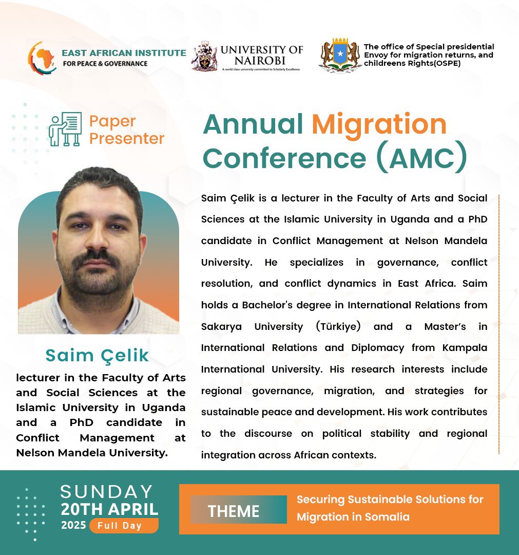 Saim Celik <a href="/Saimcelikafrica/">Saim Çelik</a> Will be among our paper presenters 4the upcoming #Migration conference in #Nairobi on 20th April, at <a href="/OSereni/">Ole-Sereni</a> hotel. The event is co-hosting by the #OSPE. His paper “Empowering Communities: The Somali Diaspora in #Uganda.

<a href="/MariamYassinHY/">Special Presidential Envoy (SPE) 🇸🇴</a> 
<a href="/GaradSadam/">Sadam Garad </a>