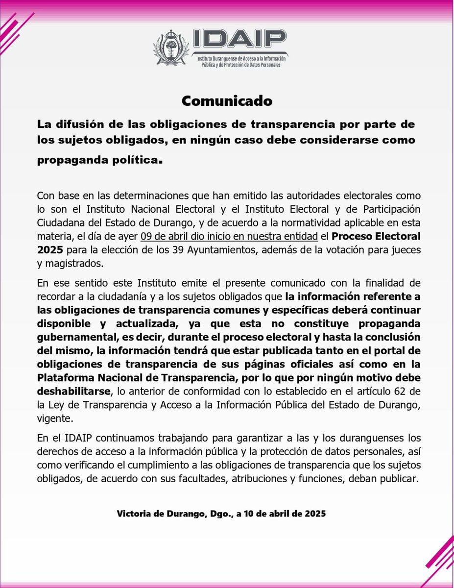 📢 Comunicado

La difusión de las obligaciones de transparencia por parte de los sujetos obligados no debe considerarse, bajo ninguna circunstancia, como propaganda política.

#Transparencia

#AccesoALaInformación

#20AñosdeServirADurango