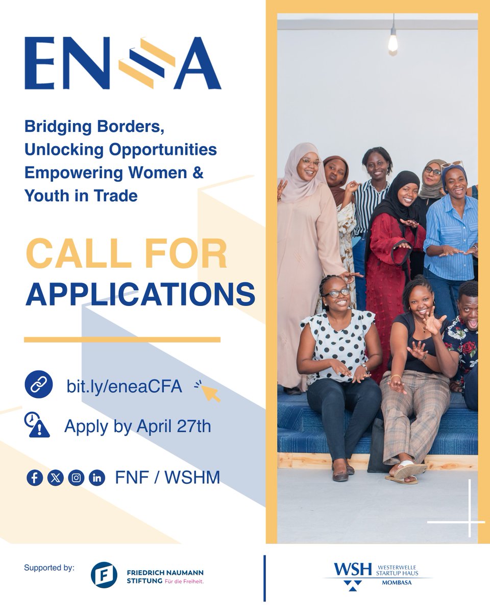 Westerwelle Startup Haus Mombasa (@wsh_mombasa) on Twitter photo 🚀 Women & youth in Mombasa—ready to scale your business beyond borders? The ENEA Programme by <a href="/FNF_Kenya/">Friedrich Naumann Foundation Kenya</a> is here! Gain skills in digital trade, e-commerce & access market linkages.
🗓 Deadline: April 27
🔗 Apply now: bit.ly/eneaCFA
#FNFENEA #WSHM #DigitalTrade 🚀 Women & youth in Mombasa—ready to scale your business beyond borders? The ENEA Programme by <a href="/FNF_Kenya/">Friedrich Naumann Foundation Kenya</a> is here! Gain skills in digital trade, e-commerce & access market linkages.
🗓 Deadline: April 27
🔗 Apply now: bit.ly/eneaCFA
#FNFENEA #WSHM #DigitalTrade