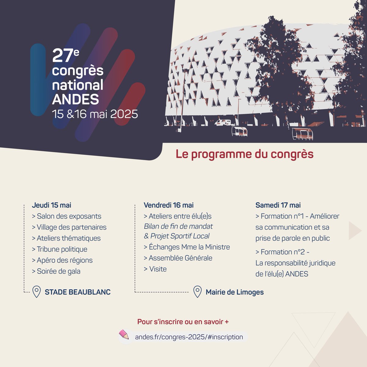 ReseauAndes's tweet photo. #ActuANDES - Se retrouver, s'informer, échanger et s'engager, se former. Élu(e) au sport, rendez-vous pour le 27ème congrès de l'ANDES !
🔎Consulter le programme ci-dessous
✍ S'inscrire https://t.co/EfqafEfTWc
📅15, 16 et 17 mai 2025
📍Ville de Limoges (87) https://t.co/Goue2nSnas