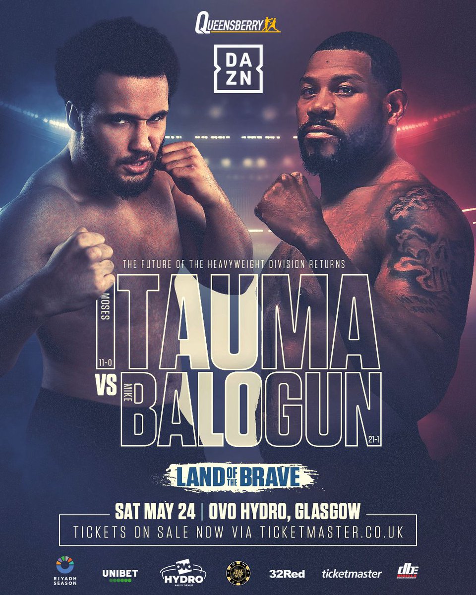Queensberry's tweet photo. Moses Itauma is back and ready to show why he is the Future of the Heavyweight Division!

Remaining tickets: https://t.co/KxMNooWsAh

#TaylorEssuman | May 24 | OVO Hydro, Glasgow | Live on DAZN https://t.co/BHRqLlm66k