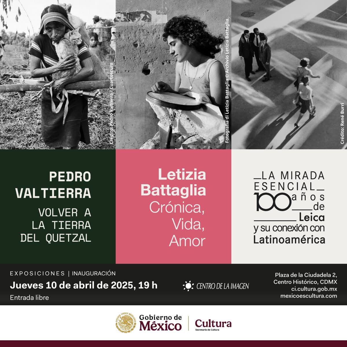¡Esta tarde te esperamos en nuestra inauguración! 🤩📸

Se presentarán las muestras individuales de los fotoperiodistas Pedro Valtierra de México y Letizia Battaglia de Italia, a 100 años de la creación de la Leica I, se presenta un homenaje colectivo en el Fotomuro del CI.