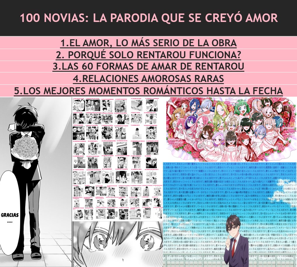 Las 100 novias/100 Kanojo como amor quizás pienses que solo es parodia que no se toma en serio, pero no, aquí se desarrolla el romance, lo que permite desarrollar las relaciones de pareja, formando así unas historias maravillosas, conozcamos más:
#100カノ