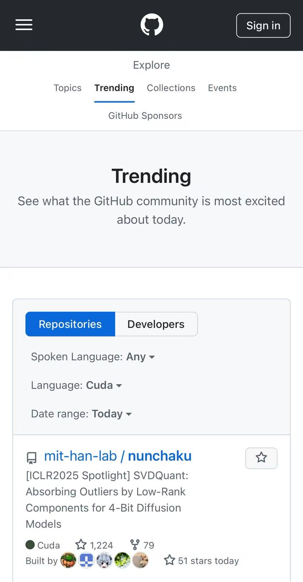 lmxyy1999's tweet photo. ๐ฅ #Nunchaku (#SVDQuant engine) just hit the top of GitHub Cuda Trend!
Weโve dropped v0.2.0 โ now with Multi-LoRA support, faster inference, and even 20-Series GPU compatibility.
๐
Check out our April roadmap: https://t.co/QlVlapJVfx
Main focus: a friendlier quantizer & more flexible control.
๐ป Repo: https://t.co/FPjE73L0Ut
If you find #Nunchaku helpful, drop us a โญ๏ธ โ it means a lot!
#quantization #flux #diffusion #ai #ml #aigc #mlsys #github #cuda