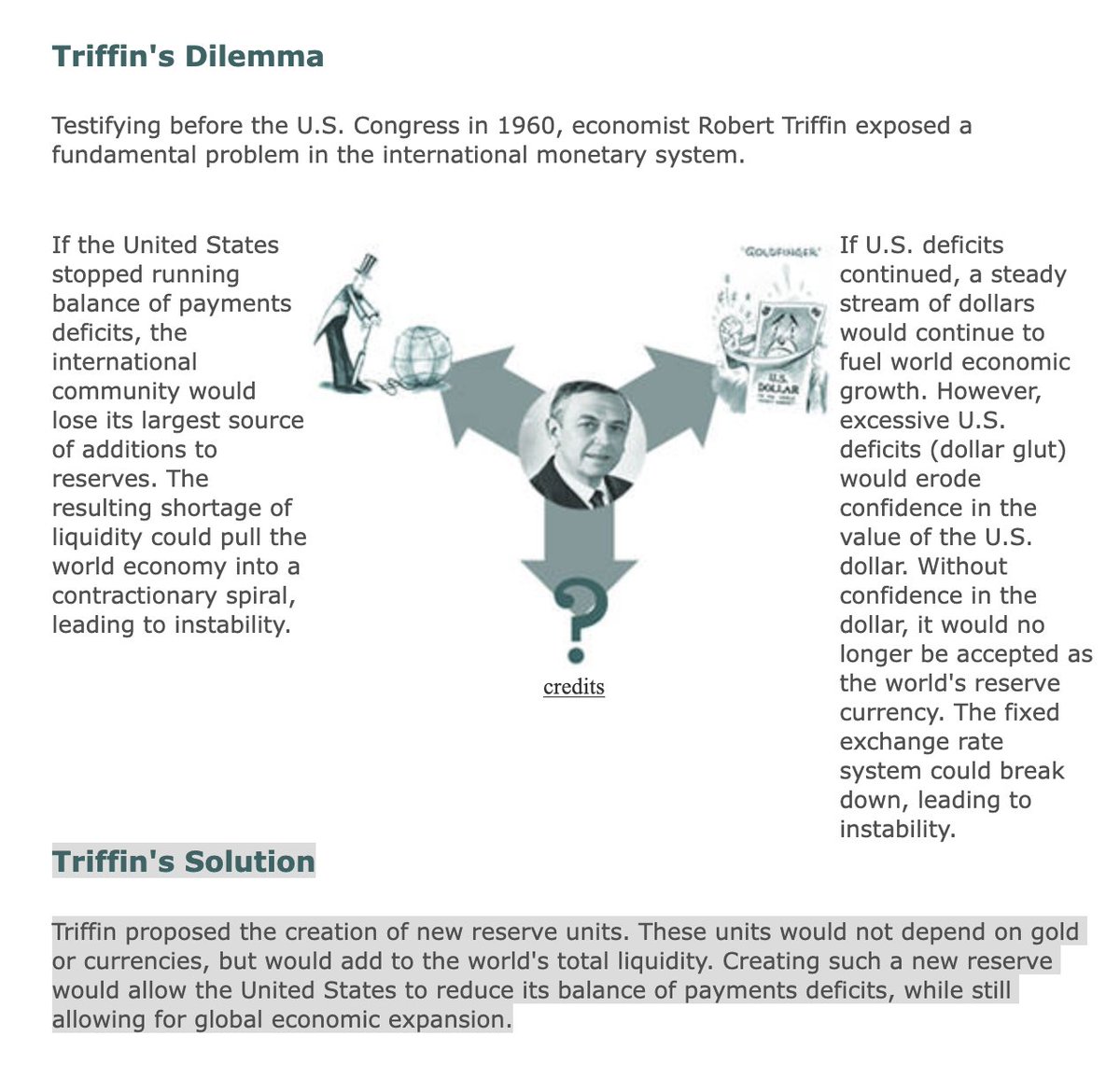I was initially triggered when I read Parker's tweet this morning. I've been talking about Triffin's dilemma on TFTC for years and misleading my audience.

Parker is right. The IMF explains it on their website. The money printing has always been Triffin's solution.