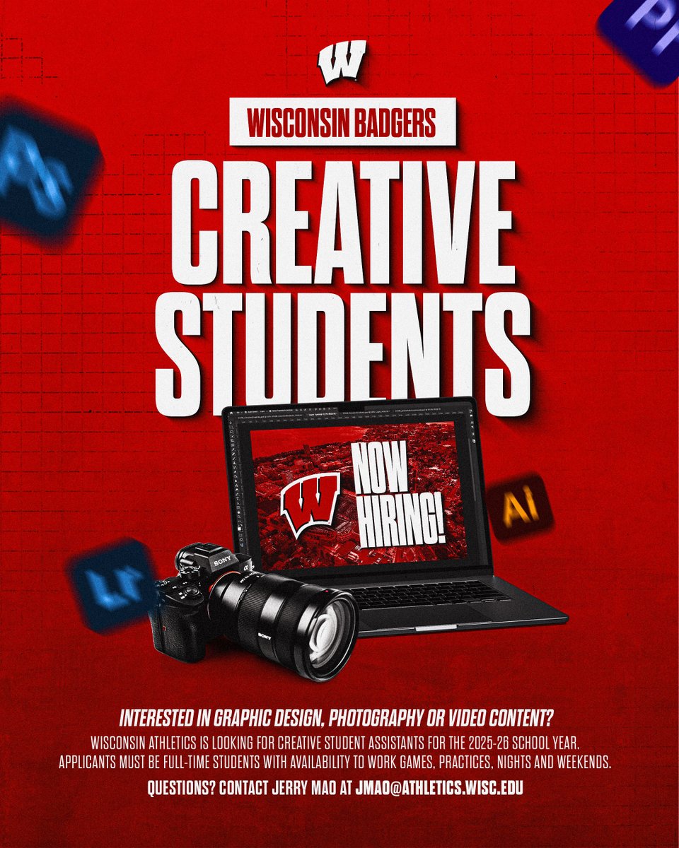 Wisconsin Badgers (@uwbadgers) on Twitter photo ATTN <a href="/UWMadison/">UW–Madison</a> students
We’re hiring creative interns who have an interest in:
⭕ Photography
⭕ Graphic Design
⭕ Videography
⭕ Social Media
Apply here: go.wisc.edu/nal06j ATTN <a href="/UWMadison/">UW–Madison</a> students
We’re hiring creative interns who have an interest in:
⭕ Photography
⭕ Graphic Design
⭕ Videography
⭕ Social Media
Apply here: go.wisc.edu/nal06j
