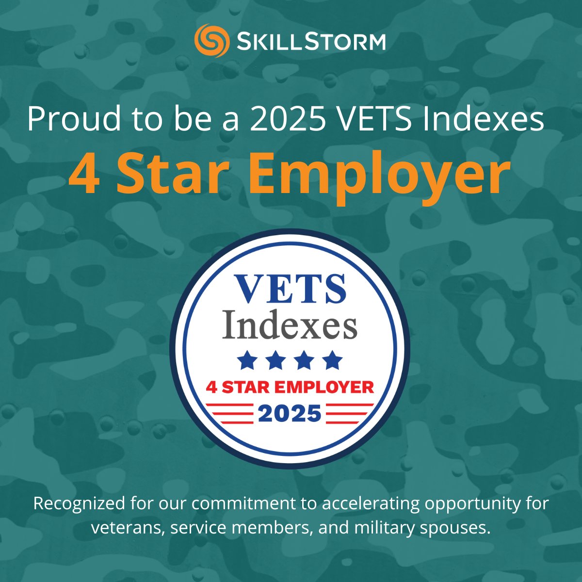 Proud to be named a 2025 VETS Indexes 4 Star Employer for the second year in a row! Honored to accelerate opportunity for veterans, service members, and military spouses. 🇺🇸

hubs.ly/Q03gP2rN0

#SkillStorm #VETSIndexes #VeteransInTech #4StarEmployer #MilitarySpouses