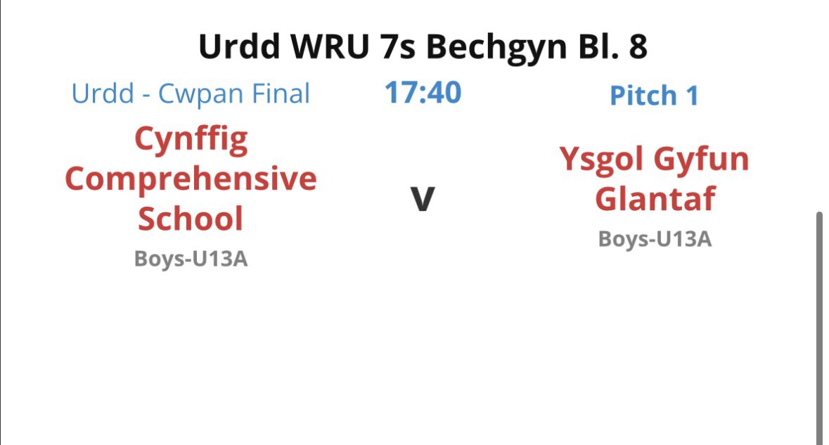 Mr. Barnes (WRU Hub Officer - Cynffig Comp) (@mrbarnescynffig) on Twitter photo Tune in on YouTube at 18:40pm as our year 8 boys play the cup final against <a href="/GlantafXV/">Academi Rygbi Glantaf</a> at the <a href="/UrddWRU7/">7 Bob Ochr Urdd WRU 7s</a>
#TeamCynffig Tune in on YouTube at 18:40pm as our year 8 boys play the cup final against <a href="/GlantafXV/">Academi Rygbi Glantaf</a> at the <a href="/UrddWRU7/">7 Bob Ochr Urdd WRU 7s</a>
#TeamCynffig