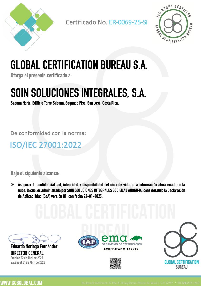 Dimerca1's tweet photo. ¡Felicitamos a nuestro cliente SOIN por obtener la certificacion en la Norma ISO/IEC 27001:2022 Sistemas de Gestión de la seguridad de la información! 👏

#ISO27001 #seguridad #Costarica https://t.co/uDqXs2Twbo