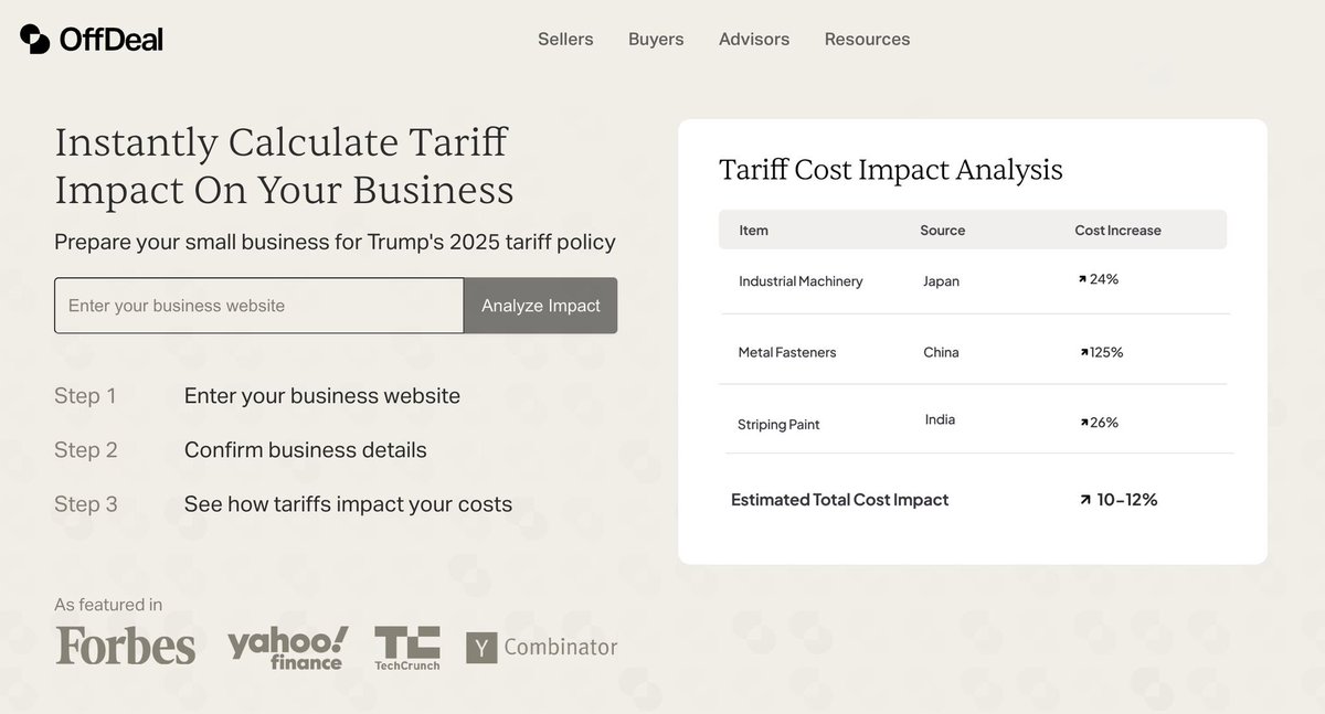 🚨 BREAKING🚨 We just ran an EMERGENCY 24-hour hackathon to launch the first-ever AI Trump Tariff Impact Calculator for small businesses.
👉offdeal.io/tariffs
Instantly see: 
✅ Key inputs impacted
✅ Tariff rates &amp; sourcing
✅ Cost impact &amp; price adjustments
100% free,