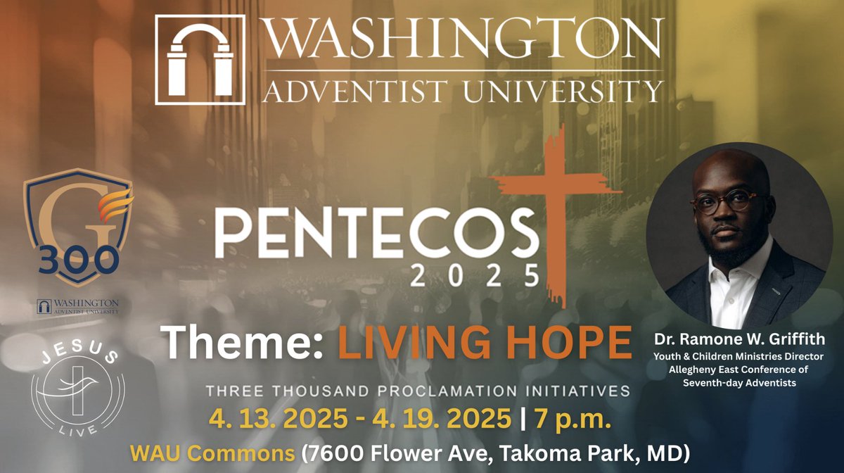 [WAU Pentecost 2025 – LIVING HOPE: You're Invited!]
You are invited to join us for WAU Pentecost 2025: Living Hope Tent Meeting (April 13–19, 2025, except Wednesday) on the campus of Washington Adventist University. Come and be blessed by inspiring messages! #Pentecost2025